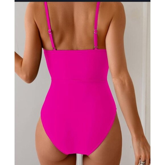 Womens Sexy Large Hot Pink One Piece Swimsuit Ring Linked Cutouts Beach Vacation - Picture 2 of 12